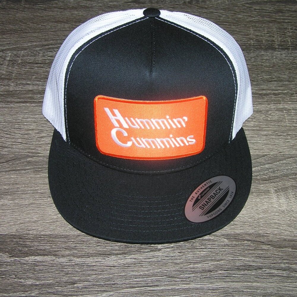 Hummin' Cummins Patch on Trucker Hat Yupoong Classic 6006 Snapback Black/White